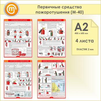 Плакаты «Первичные средства пожаротушения» (М-40, пластик 2 мм, А2, 4 листа)